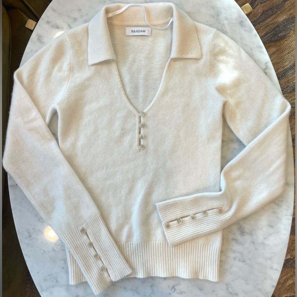 NAADAM Cashmere Buttoned V-Neck Sweater, Cream, XS - Picture 14 of 16